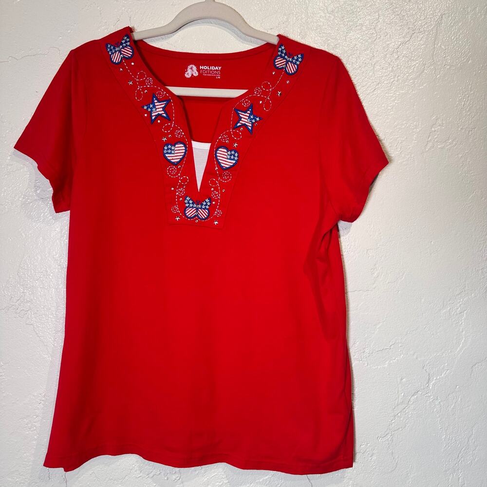 Holiday Editions Size Large 100% Cotton Red T-Shirt Patriotic USA July 4th